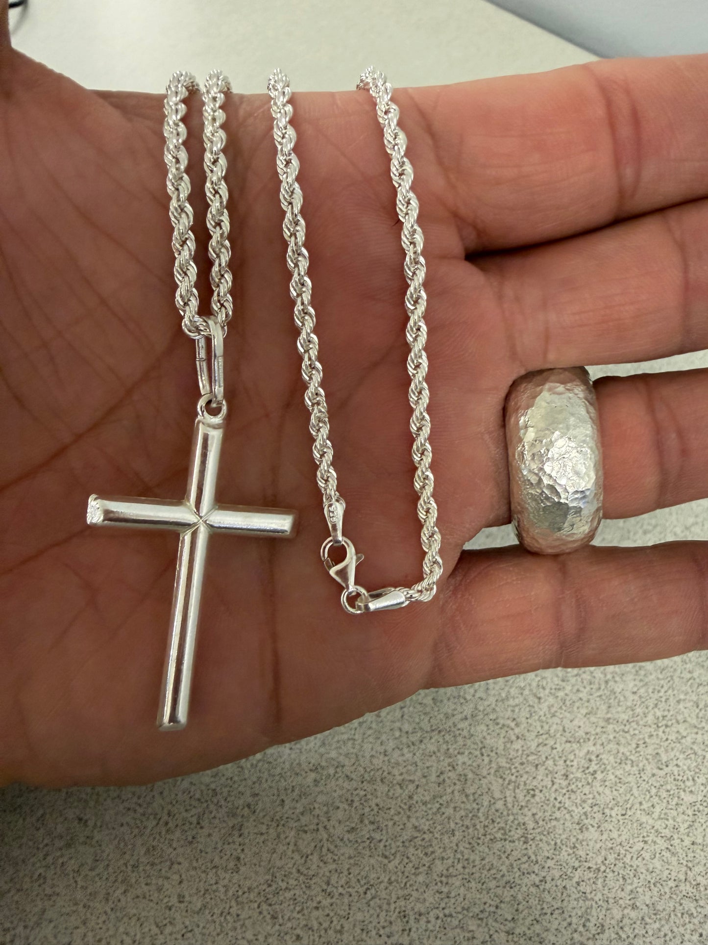 Silver rope chain and cross pendant