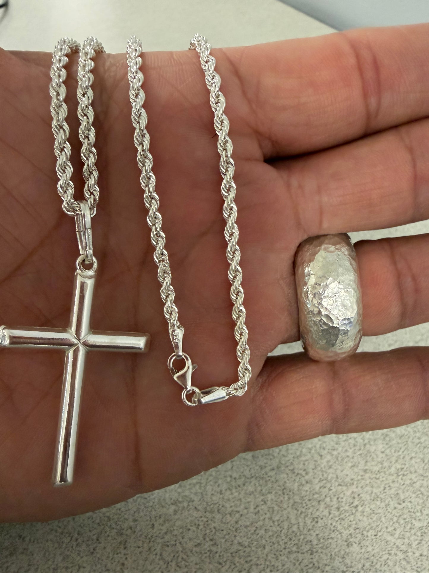 Silver rope chain and cross pendant
