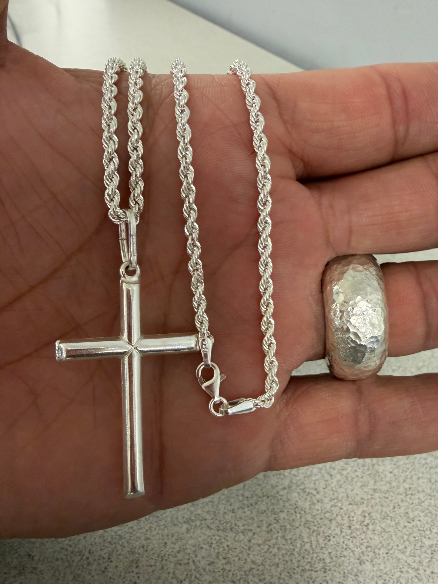 Silver rope chain and cross pendant