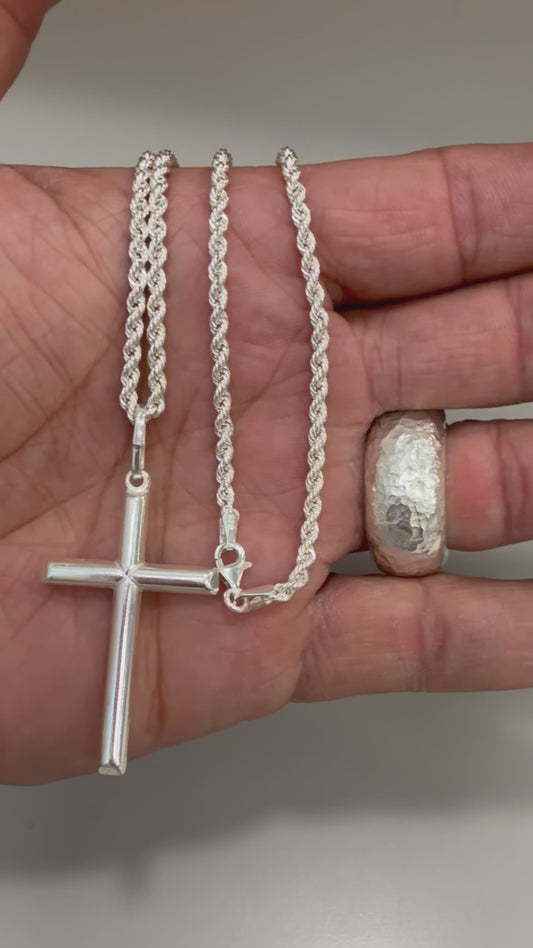 Silver rope chain and cross pendant